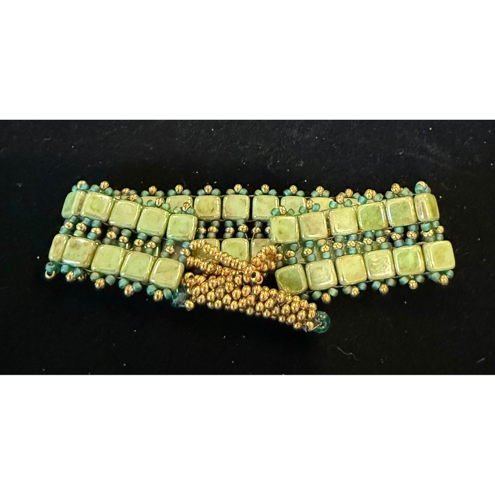 Handmade Womens 7.5" Beaded Cuff Bracelet Green Gold‎ Teal Boho Toggle Closure